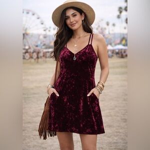 ANGL|Boho Festival Vibes Crushed Velvet mini Dress|Small| Burgundy/Maroon|EUC